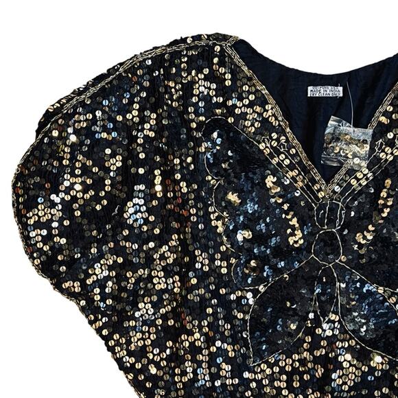 Vintage Women’s Sz S NWT Black Gold Sequin Butterfly Top 70s Deadstock Silk Boho - Picture 3 of 10